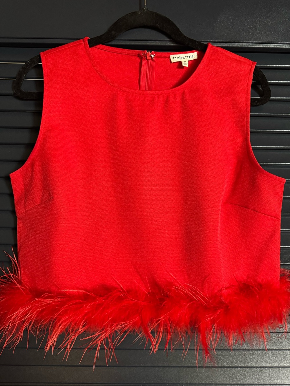 Main Strip Red Feather Trim Crop Top Medium Party Holiday